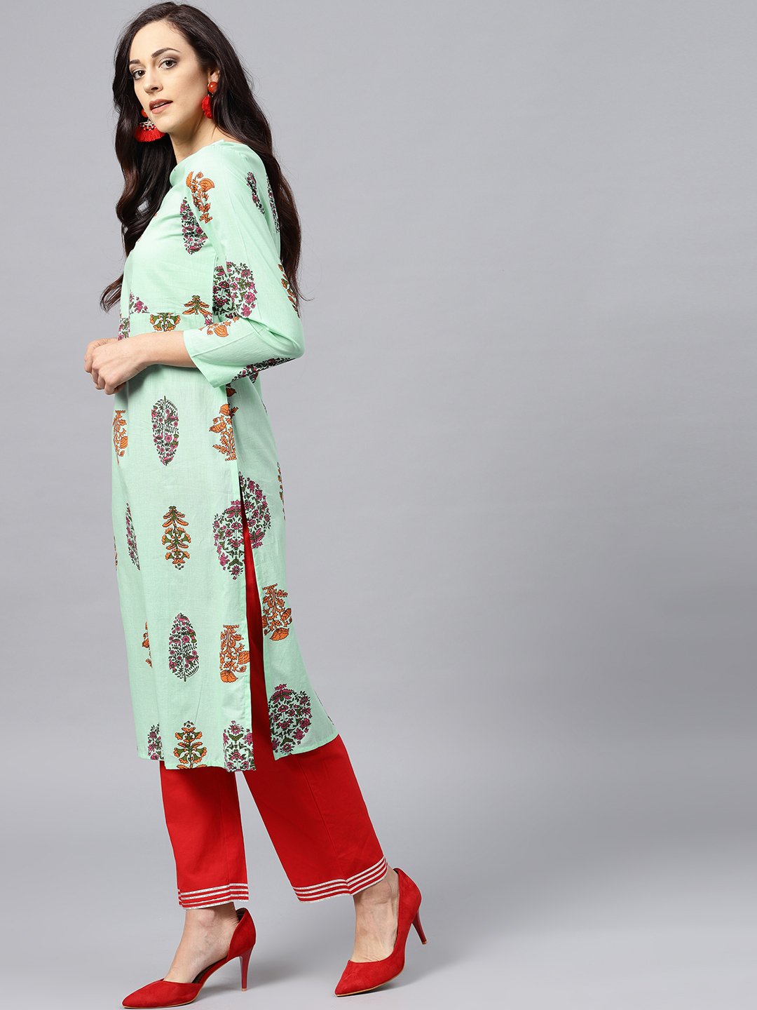 Green Printed Kurta With Boat Neck And Full Sleeves | LASVINI - Redefining Indian Fashion with Elegance