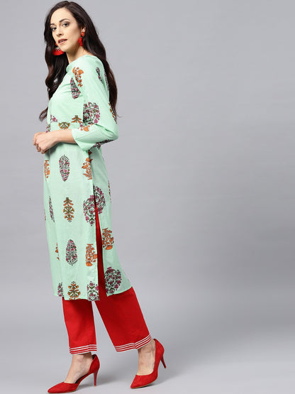 Green Printed Kurta With Boat Neck And Full Sleeves | LASVINI - Redefining Indian Fashion with Elegance