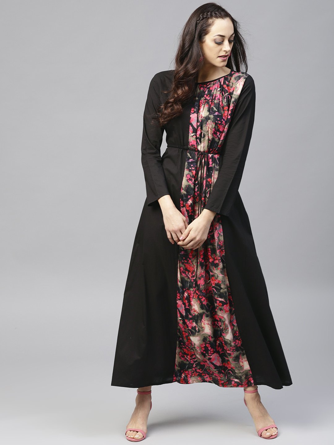 Black Printed Maxi Dress With Round Neck And Full Sleeves | LASVINI - Redefining Indian Fashion with Elegance