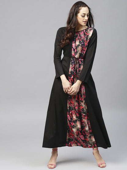 Black Printed Maxi Dress With Round Neck And Full Sleeves | LASVINI - Redefining Indian Fashion with Elegance
