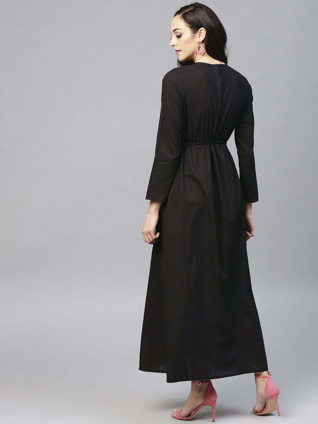 Black Printed Maxi Dress With Round Neck And Full Sleeves | LASVINI - Redefining Indian Fashion with Elegance