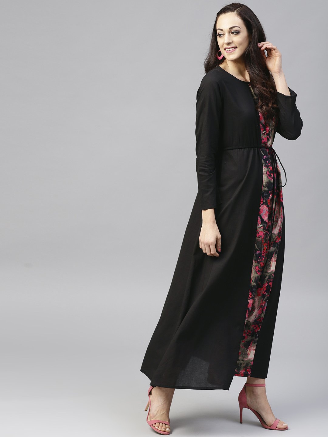 Black Printed Maxi Dress With Round Neck And Full Sleeves | LASVINI - Redefining Indian Fashion with Elegance