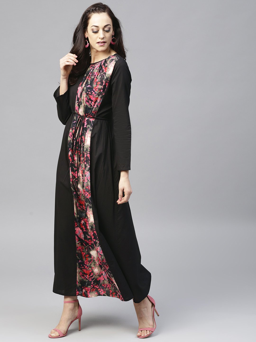 Black Printed Maxi Dress With Round Neck And Full Sleeves | LASVINI - Redefining Indian Fashion with Elegance