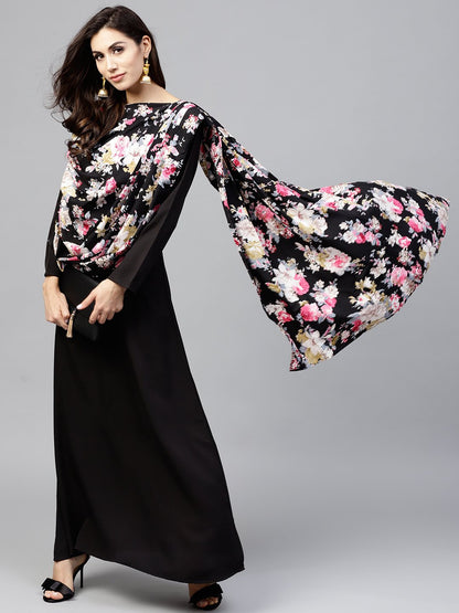 Black Printed Draped Maxi Dress With Round Neck And Full Sleeves | LASVINI - Redefining Indian Fashion with Elegance