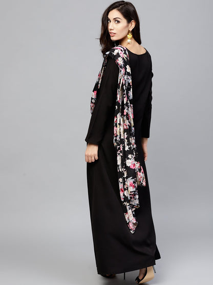 Black Printed Draped Maxi Dress With Round Neck And Full Sleeves | LASVINI - Redefining Indian Fashion with Elegance