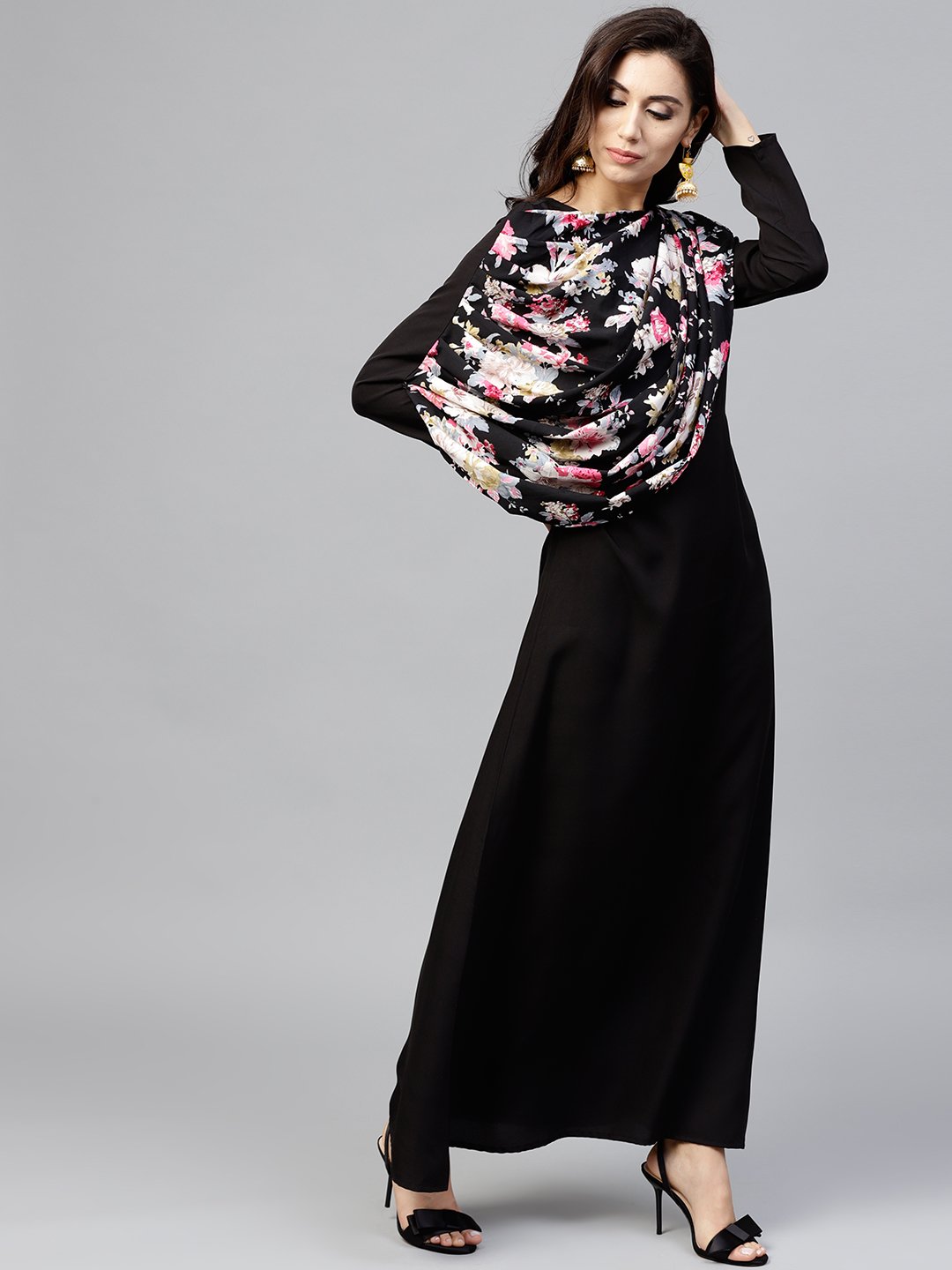 Black Printed Draped Maxi Dress With Round Neck And Full Sleeves | LASVINI - Redefining Indian Fashion with Elegance