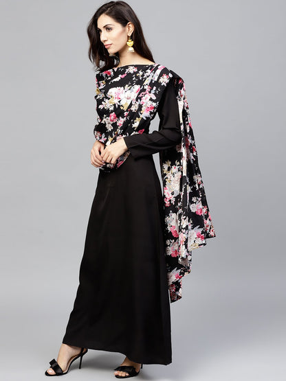 Black Printed Draped Maxi Dress With Round Neck And Full Sleeves | LASVINI - Redefining Indian Fashion with Elegance
