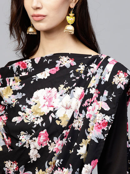 Black Printed Draped Maxi Dress With Round Neck And Full Sleeves | LASVINI - Redefining Indian Fashion with Elegance