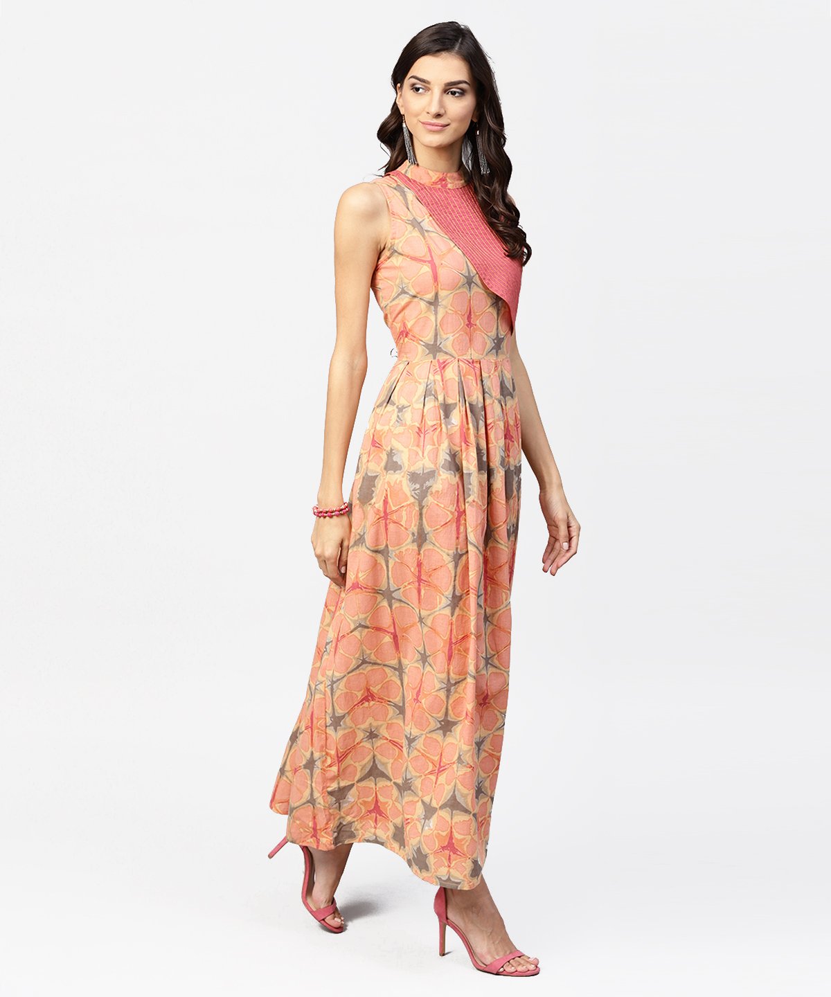 Multi Colored Maxi Dress With Madarin Collar With Overlapped Jacket | LASVINI - Redefining Indian Fashion with Elegance