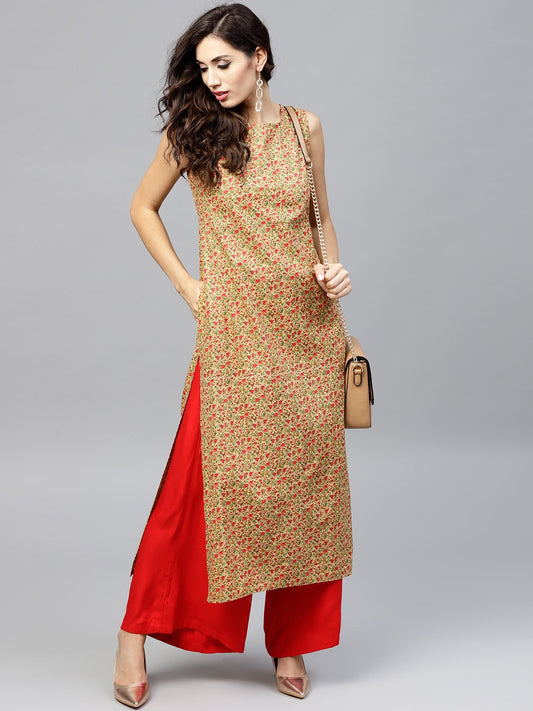 Floral Printed Calf Length Sleeveless Dress With Round Neck | LASVINI - Redefining Indian Fashion with Elegance