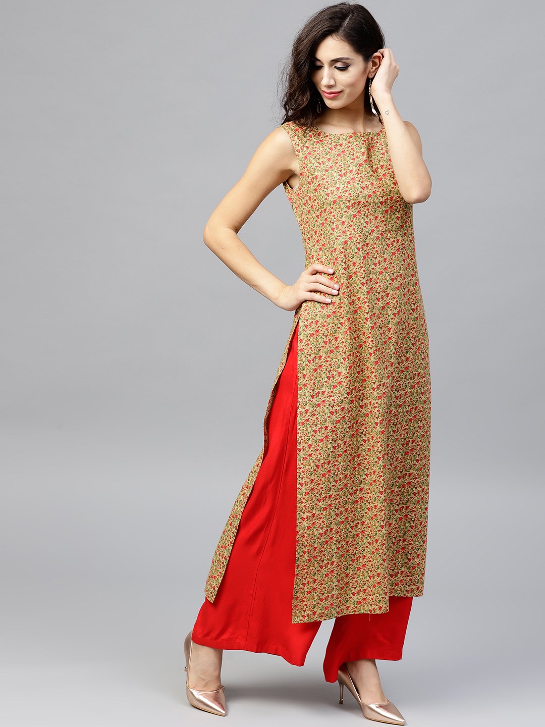 Floral Printed Calf Length Sleeveless Dress With Round Neck | LASVINI - Redefining Indian Fashion with Elegance