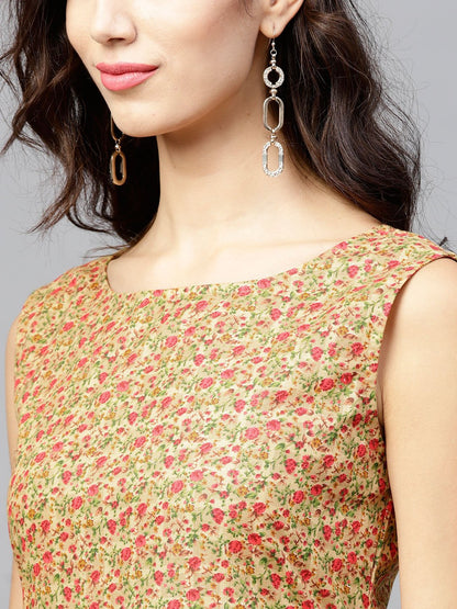 Floral Printed Calf Length Sleeveless Dress With Round Neck | LASVINI - Redefining Indian Fashion with Elegance