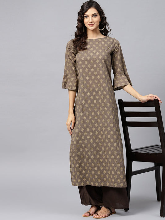 Grey Printed Straight Kurta With Round Neck And 3/4 Sleeves | LASVINI - Redefining Indian Fashion with Elegance