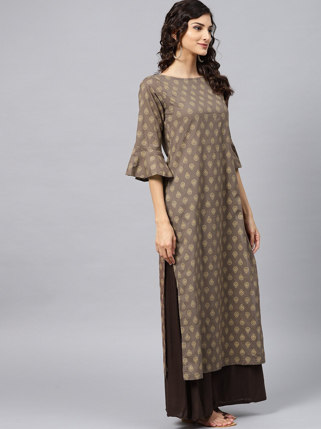 Grey Printed Straight Kurta With Round Neck And 3/4 Sleeves | LASVINI - Redefining Indian Fashion with Elegance