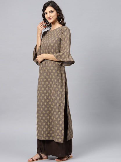 Grey Printed Straight Kurta With Round Neck And 3/4 Sleeves | LASVINI - Redefining Indian Fashion with Elegance