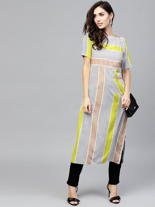 Striped Calf Lenth Dress With Round Neck And Half Sleeves | LASVINI - Redefining Indian Fashion with Elegance