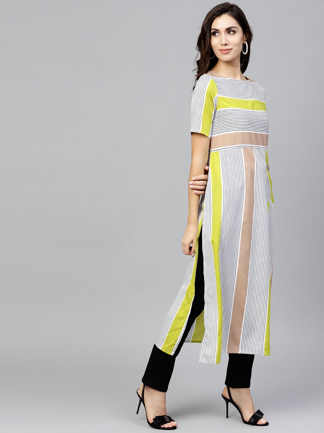 Striped Calf Lenth Dress With Round Neck And Half Sleeves | LASVINI - Redefining Indian Fashion with Elegance
