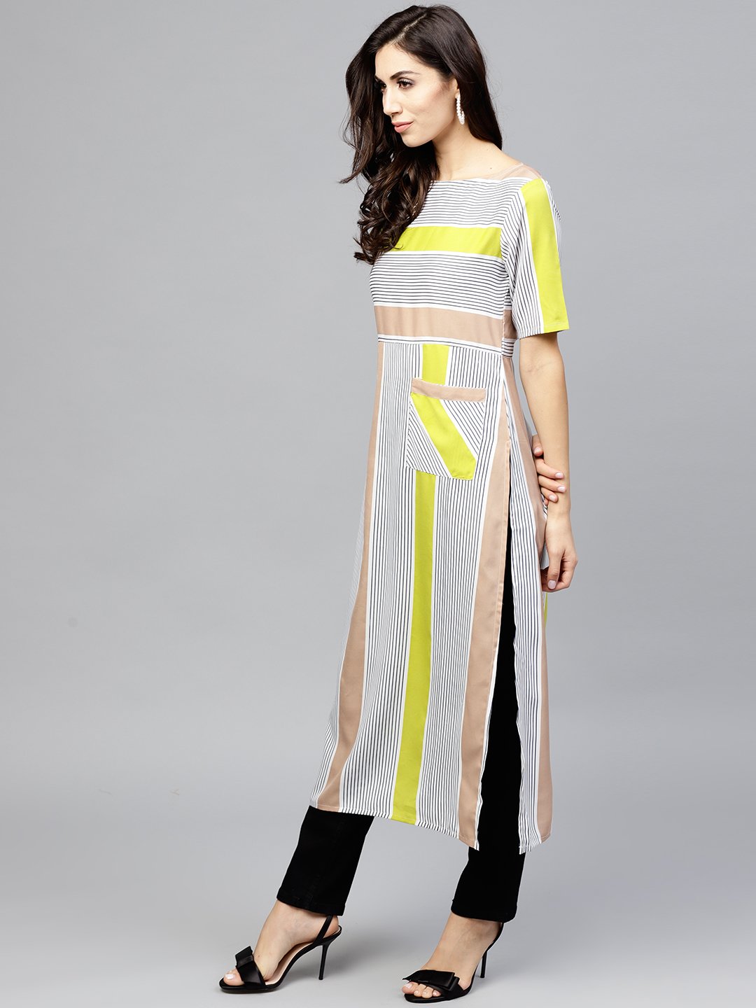 Striped Calf Lenth Dress With Round Neck And Half Sleeves | LASVINI - Redefining Indian Fashion with Elegance