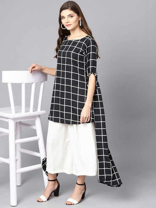Black Checked Kurta Set With White Cullotes | LASVINI - Redefining Indian Fashion with Elegance