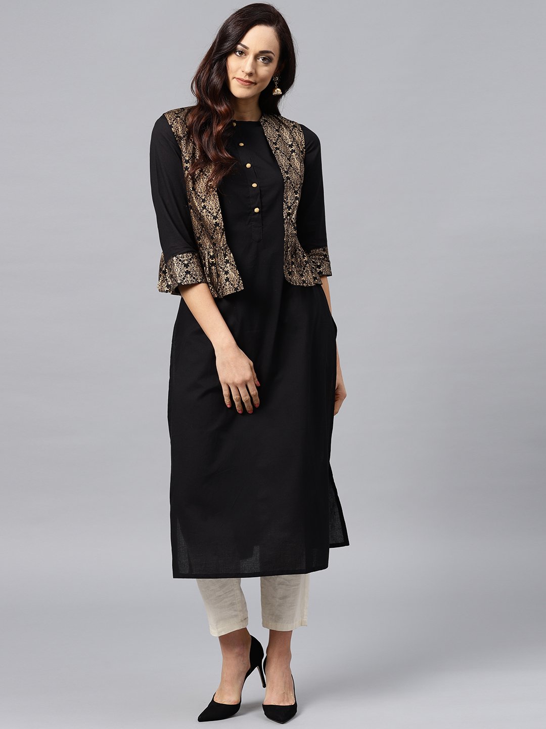 Black Kurta With Golden Short Detachable Jacket | LASVINI - Redefining Indian Fashion with Elegance