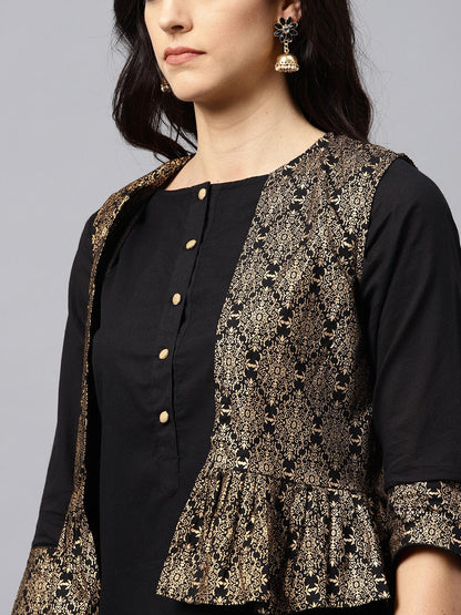 Black Kurta With Golden Short Detachable Jacket | LASVINI - Redefining Indian Fashion with Elegance