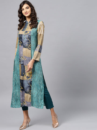 Multi Colored Front Placket Kurta With Mandarin Collar And Full Sleeves | LASVINI - Redefining Indian Fashion with Elegance