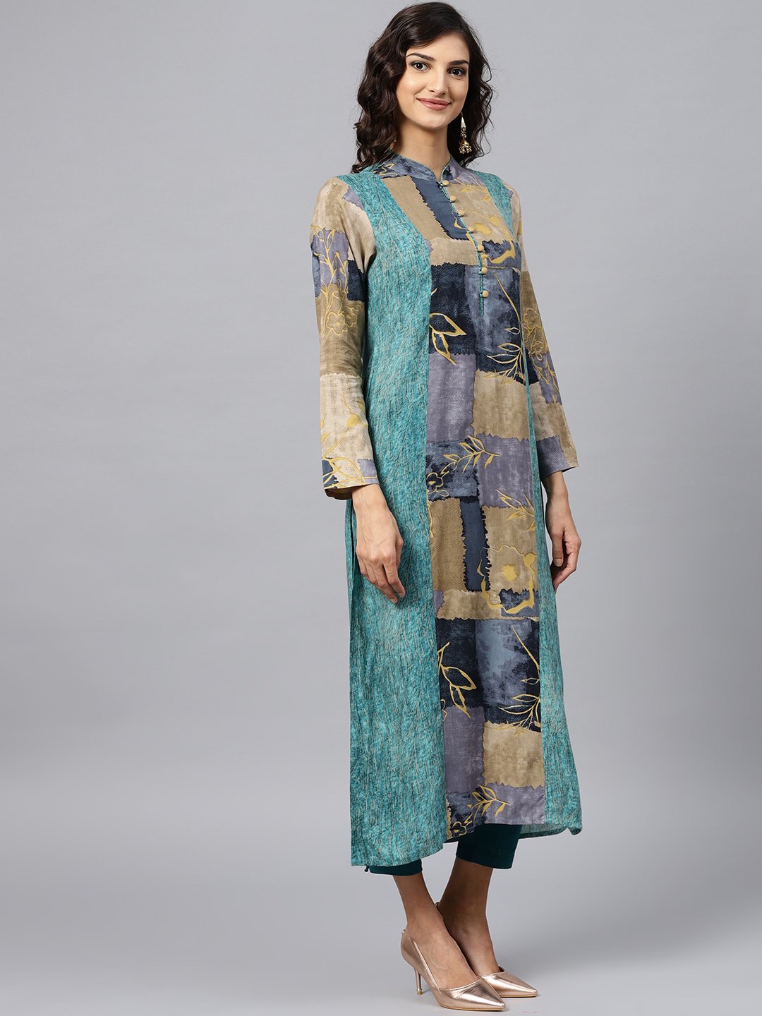 Multi Colored Front Placket Kurta With Mandarin Collar And Full Sleeves | LASVINI - Redefining Indian Fashion with Elegance