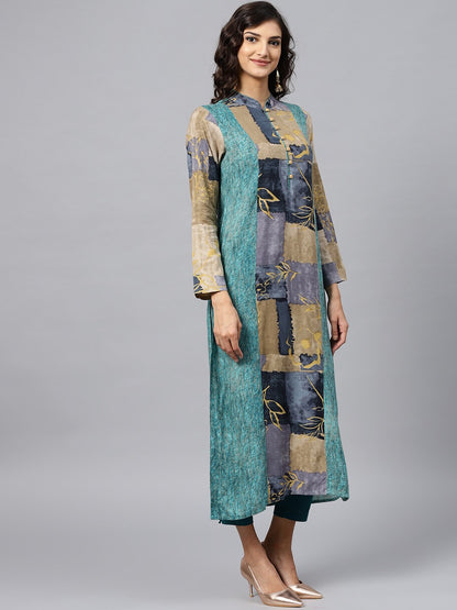 Multi Colored Front Placket Kurta With Mandarin Collar And Full Sleeves | LASVINI - Redefining Indian Fashion with Elegance