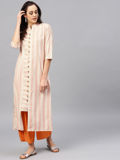 Peach And White Striped Kurta With Madarin Collar And 3/4 Sleeves | LASVINI - Redefining Indian Fashion with Elegance