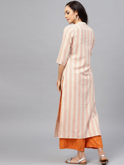 Peach And White Striped Kurta With Madarin Collar And 3/4 Sleeves | LASVINI - Redefining Indian Fashion with Elegance