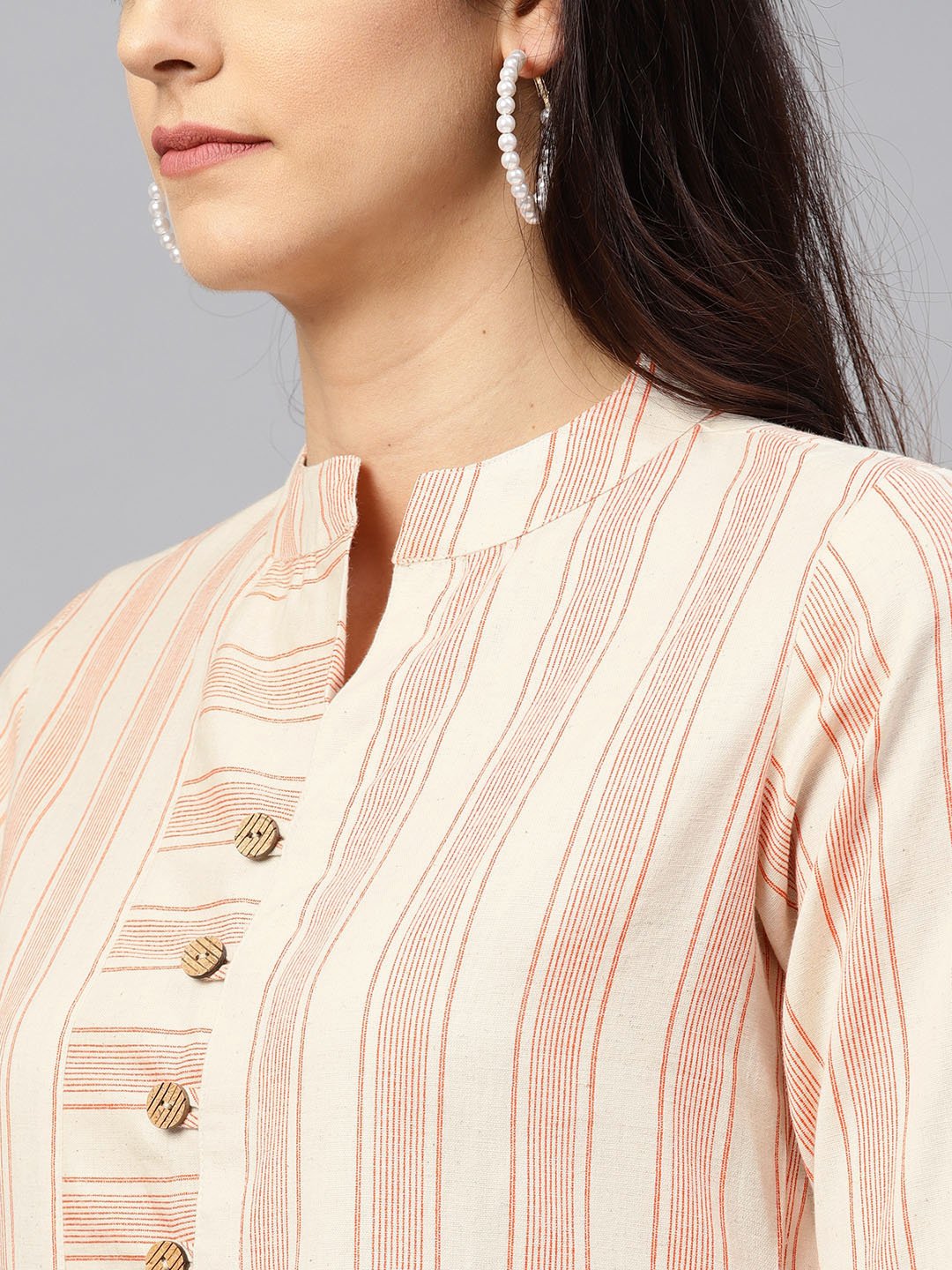 Peach And White Striped Kurta With Madarin Collar And 3/4 Sleeves | LASVINI - Redefining Indian Fashion with Elegance