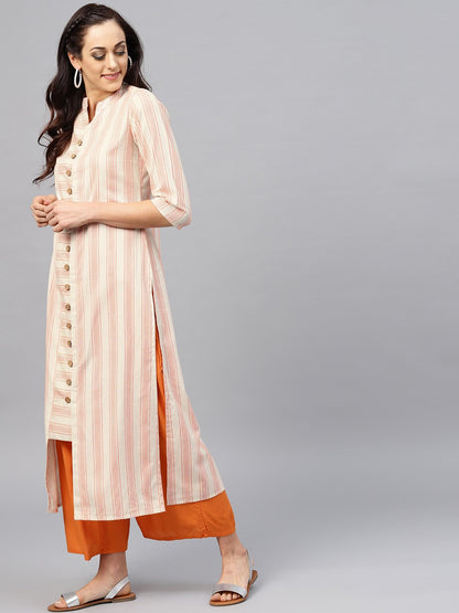 Peach And White Striped Kurta With Madarin Collar And 3/4 Sleeves | LASVINI - Redefining Indian Fashion with Elegance