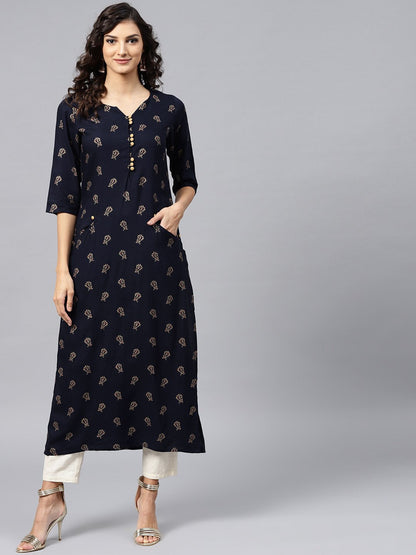 Navy Blue Printed Kurta With V-Neck And 3/4 Sleeves | LASVINI - Redefining Indian Fashion with Elegance