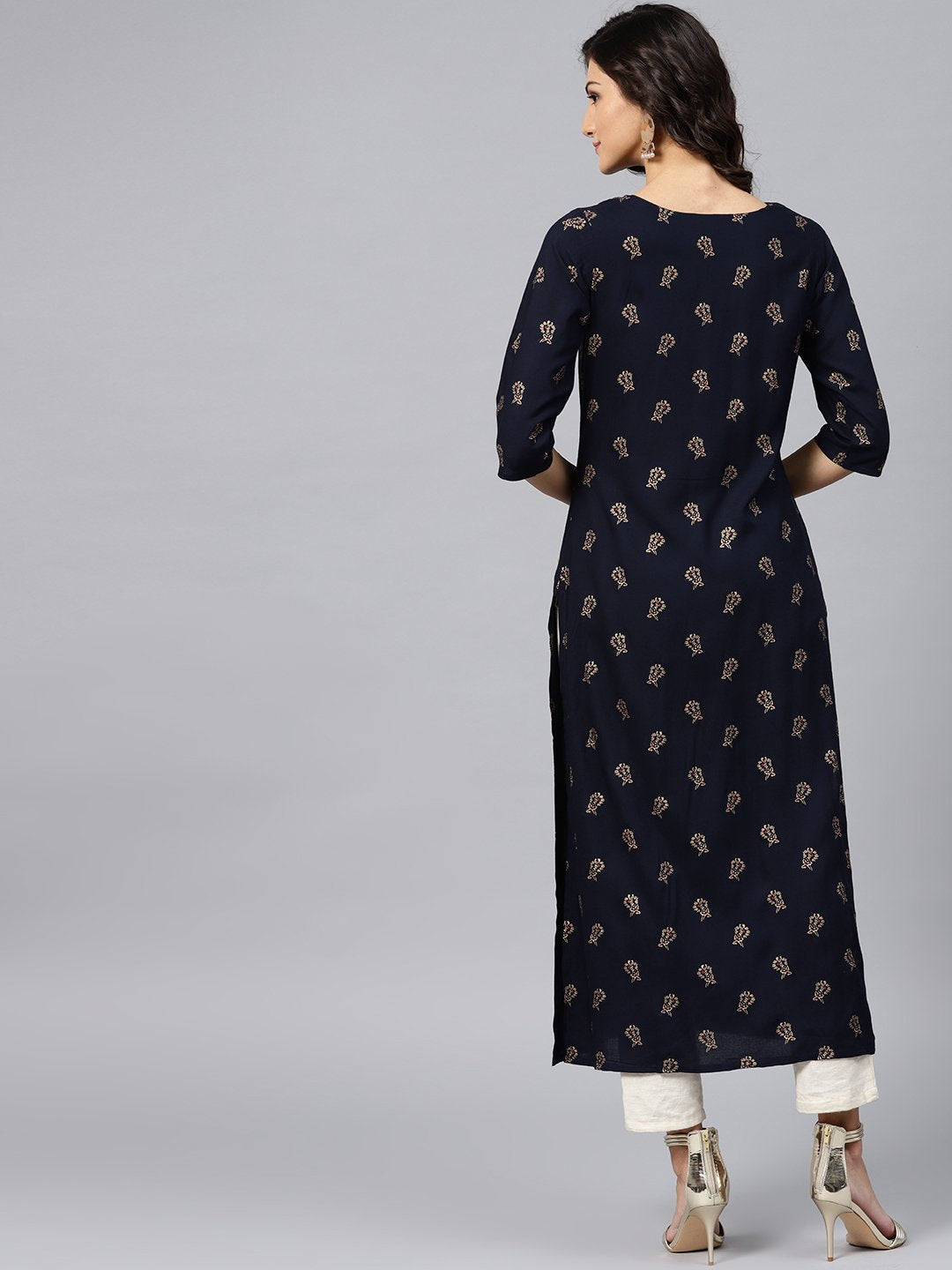 Navy Blue Printed Kurta With V-Neck And 3/4 Sleeves | LASVINI - Redefining Indian Fashion with Elegance