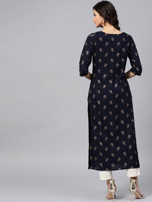 Navy Blue Printed Kurta With V-Neck And 3/4 Sleeves | LASVINI - Redefining Indian Fashion with Elegance
