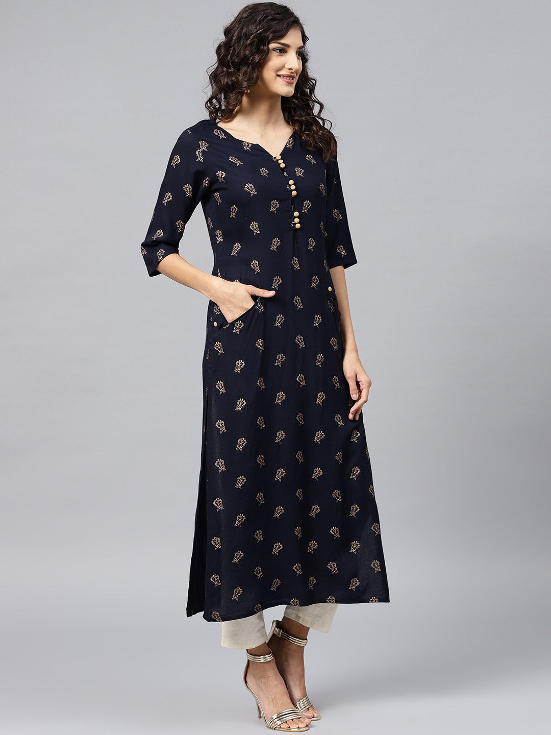 Navy Blue Printed Kurta With V-Neck And 3/4 Sleeves | LASVINI - Redefining Indian Fashion with Elegance