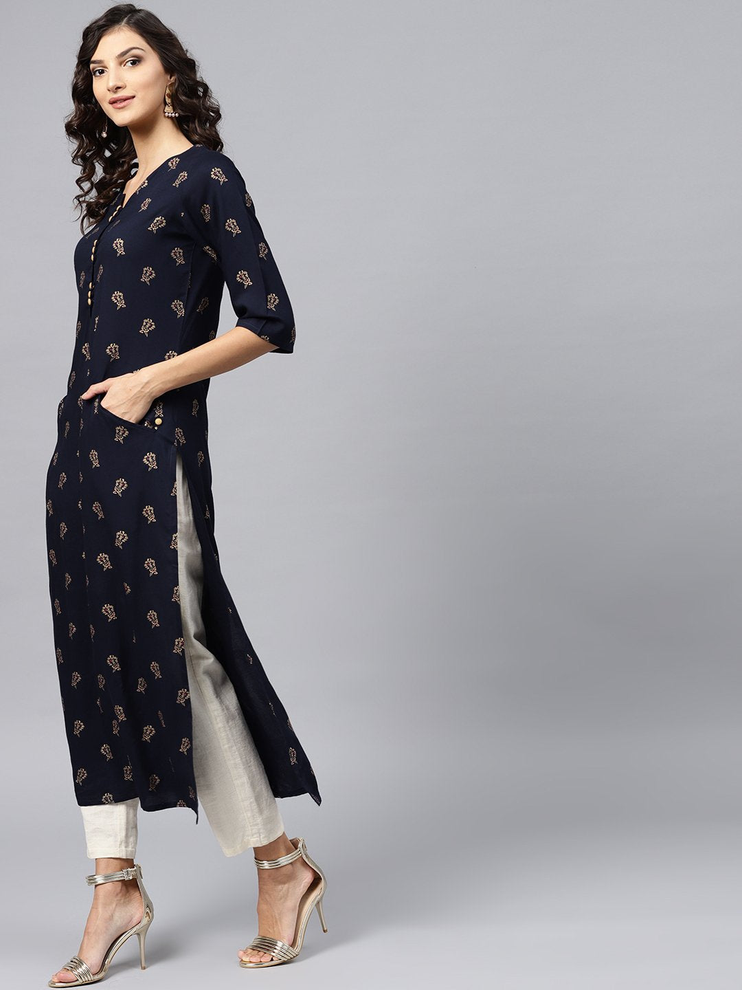 Navy Blue Printed Kurta With V-Neck And 3/4 Sleeves | LASVINI - Redefining Indian Fashion with Elegance