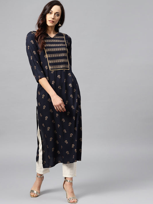 Navy Blue Kurta With Front Yoke With 3/4 Sleeves | LASVINI - Redefining Indian Fashion with Elegance