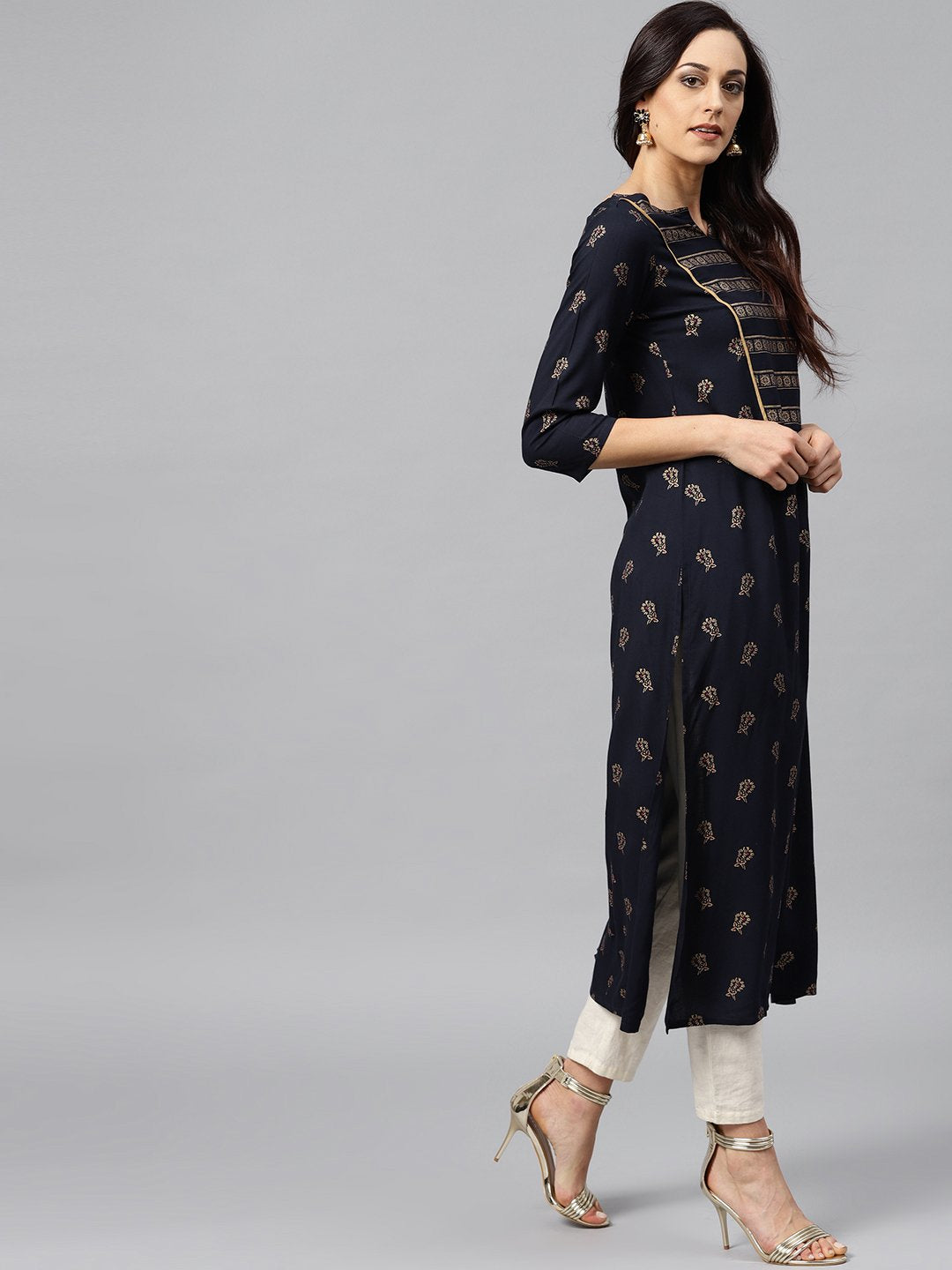 Navy Blue Kurta With Front Yoke With 3/4 Sleeves | LASVINI - Redefining Indian Fashion with Elegance