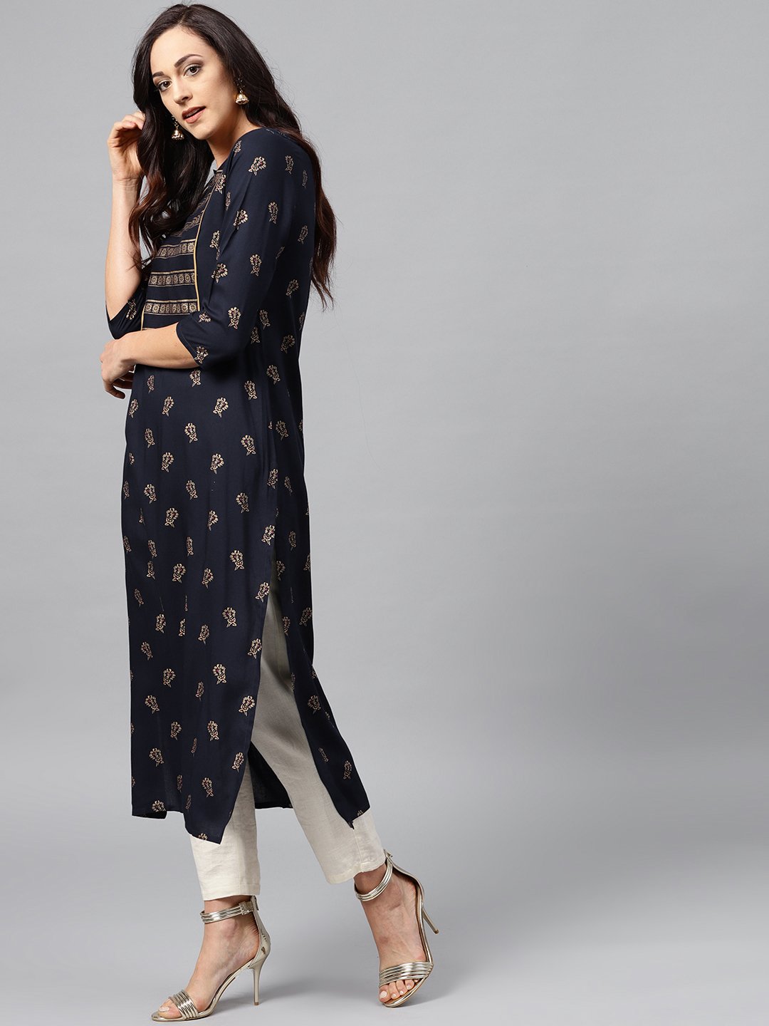 Navy Blue Kurta With Front Yoke With 3/4 Sleeves | LASVINI - Redefining Indian Fashion with Elegance