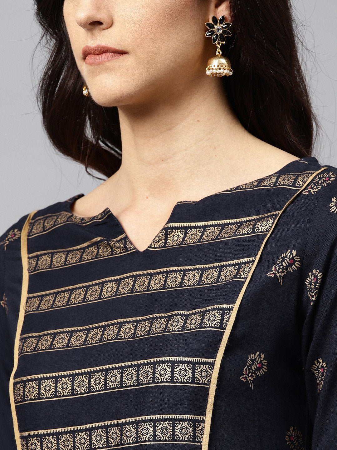 Navy Blue Kurta With Front Yoke With 3/4 Sleeves | LASVINI - Redefining Indian Fashion with Elegance