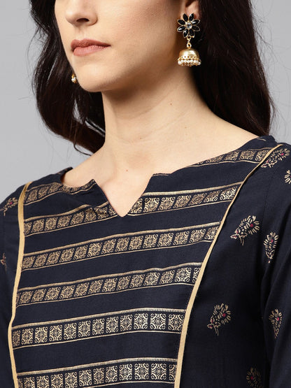 Navy Blue Kurta With Front Yoke With 3/4 Sleeves | LASVINI - Redefining Indian Fashion with Elegance