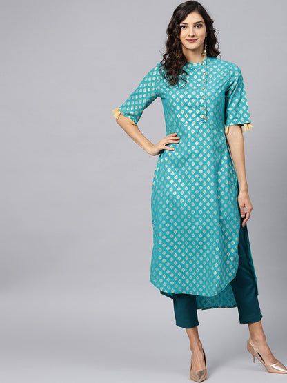 Sky Blue Half Sleeve Cotton Kurta With Tussle Work | LASVINI - Redefining Indian Fashion with Elegance
