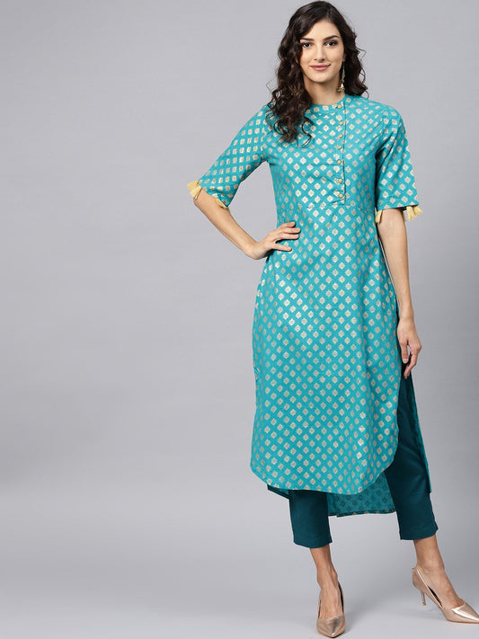Sky Blue Half Sleeve Cotton Kurta With Tussle Work | LASVINI - Redefining Indian Fashion with Elegance