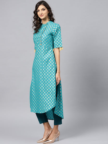 Sky Blue Half Sleeve Cotton Kurta With Tussle Work | LASVINI - Redefining Indian Fashion with Elegance