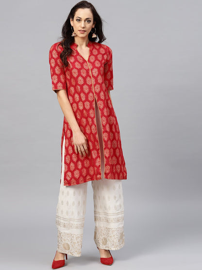 Red Printed Kurta With Mandarin Collar And Half Sleeves | LASVINI - Redefining Indian Fashion with Elegance
