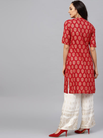 Red Printed Kurta With Mandarin Collar And Half Sleeves | LASVINI - Redefining Indian Fashion with Elegance