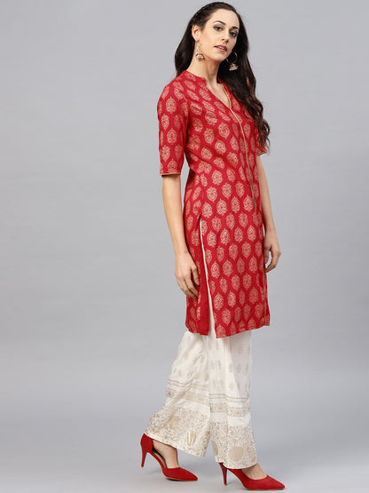 Red Printed Kurta With Mandarin Collar And Half Sleeves | LASVINI - Redefining Indian Fashion with Elegance