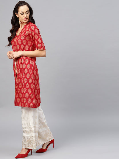 Red Printed Kurta With Mandarin Collar And Half Sleeves | LASVINI - Redefining Indian Fashion with Elegance