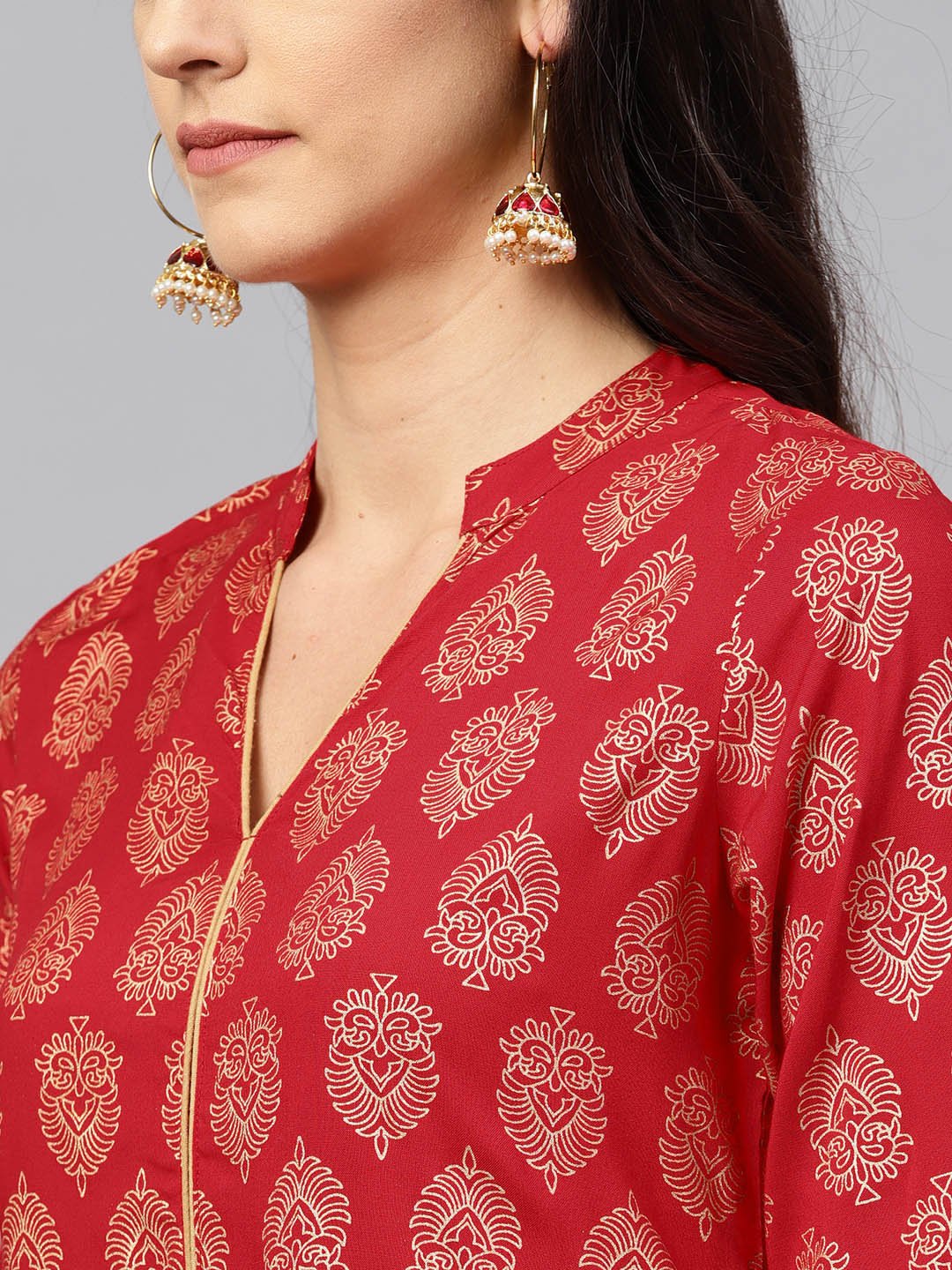Red Printed Kurta With Mandarin Collar And Half Sleeves | LASVINI - Redefining Indian Fashion with Elegance